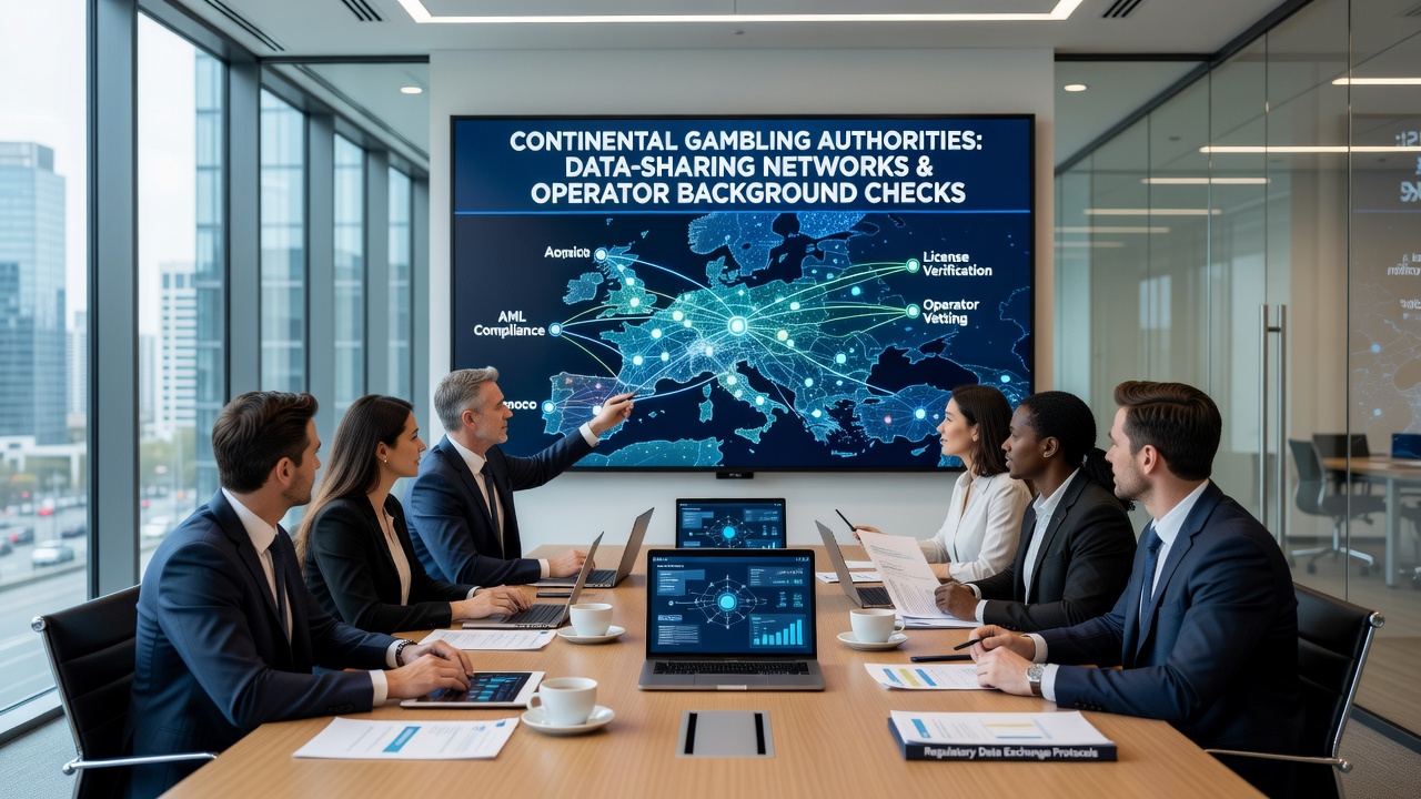 European gambling regulators reviewing shared operator data on secure networks during a coordination meeting